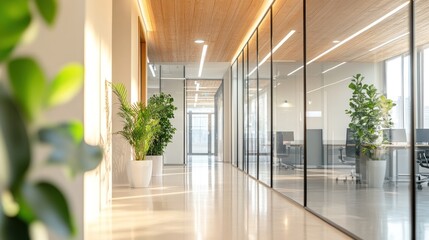 Fototapeta premium Bright, modern office hallway with glass walls, plants, and warm wood ceiling