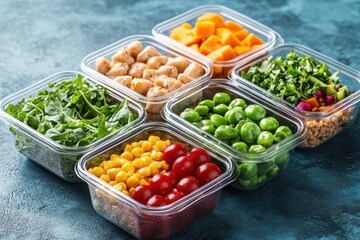 Meal prep containers filled with healthy food on a blue surface. Good for illustrating balanced diet, clean eating, and lunch preparation.