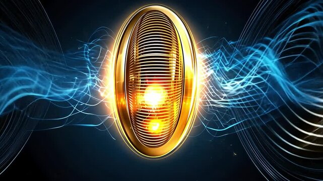 Radiant Energy Sphere Surrounded by Vibrant Blue Waves and Lights in a Dark Background