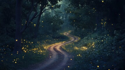Fototapeta premium Enchanted path through moonlit forest with glowing fireflies around the way