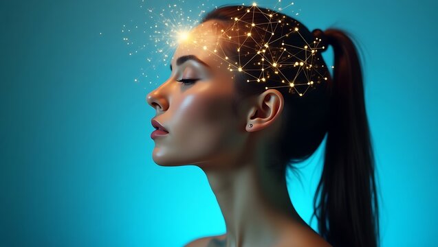 A beautiful woman with glowing neural network representing thinking and cognition