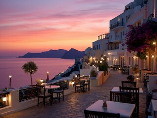 Fototapeta premium Santorini sunset dining under the sky