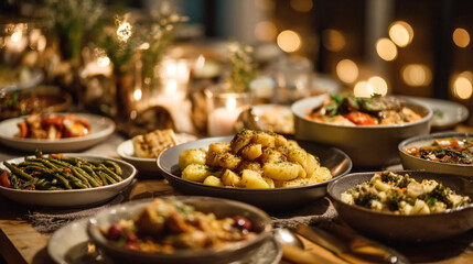 Fototapeta premium Delicious dinner party food photography with vegetable dishes and candle light background image stock photo 