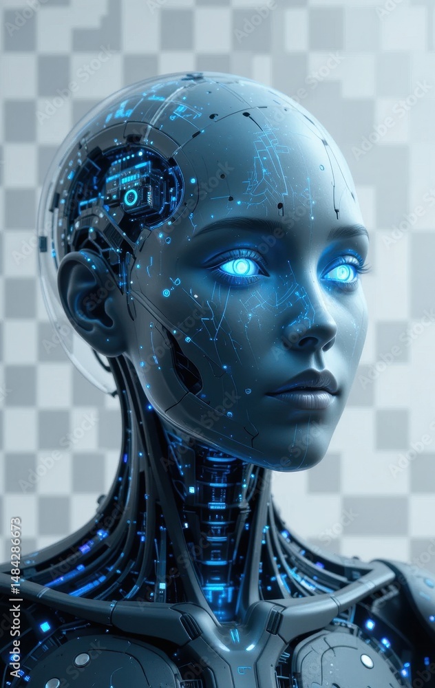 Poster advanced ai female robot head futuristic ui mockup with transparent background