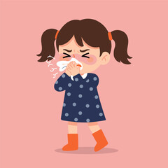 A cartoon girl sneezes into a tissue.