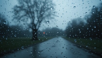 Obraz premium Macro Photography Rain Drops on Window, Blurry Tree Silhouette Background