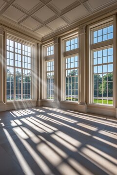 Rays of sunlight shine through the windows, casting long shadows on an empty room with large window panes. The sun's light creates beautiful beams that dance across the floor and walls,
