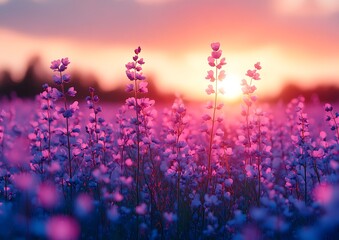 Naklejka premium Beautiful field of flowers at sunset