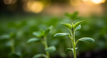 Obraz premium Young Green Sprouts Emerging at Sunrise