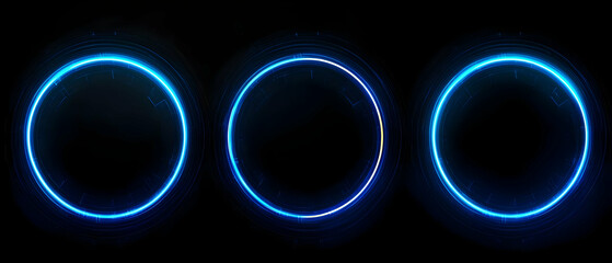 Three Glowing Neon Blue Circles On Black Background