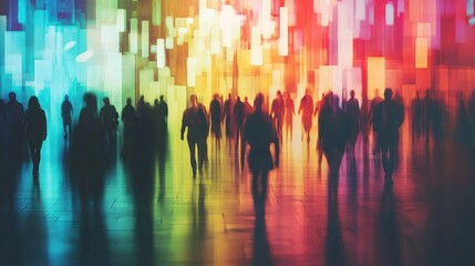 A vibrant, colorful, abstract cityscape with a rainbow of colors and geometric shapes, featuring silhouettes of people walking in a busy, urban environment.