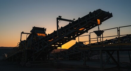 Silhouette of mining conveyor structure against vibrant twilight backdrop