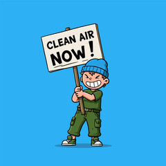 A cartoon boy holds a sign that reads 