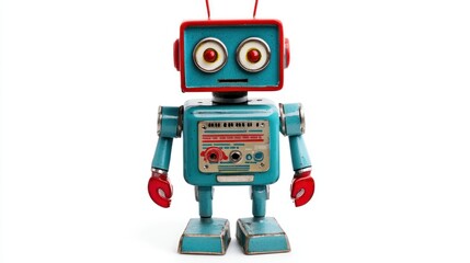 Fototapeta premium A blue and red robot with a red antenna and red gloves, standing on a white background with a white wall in the background.