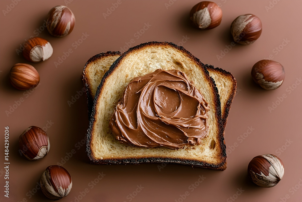 Poster two slices of toast topped with hazelnut spread surrounded by hazelnuts.