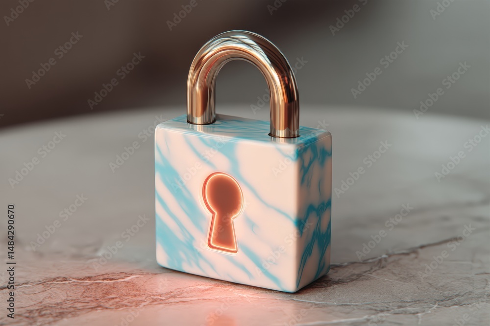 Poster a modern padlock with a marble-like texture and glowing keyhole sits on a smooth surface.