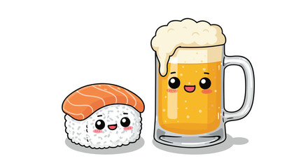 Cute sushi and happy beer mug cartoon character, cheerful design, copy space