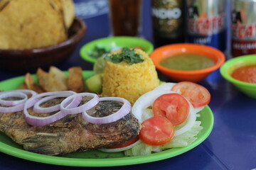 An exquisite plate of grilled fish accompanied by vibrant vegetables, rice, and sauces that beautifully illustrates the theme of delicious, home-cooked meals and fresh ingredients.