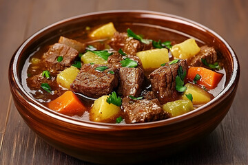 Hearty beef stew in a rustic bowl.