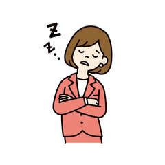 ウトウトと居眠りをする、若い女性会社員のベクターイラスト素材＿線幅の編集可能＿カラー