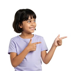 Smiling young girl pointing to the side against a white background