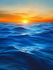 Obraz premium Illustration of the ocean at sunset, with beautiful blue water featuring gentle ripples and a warm, orange sky, in the style of digital art., high quality, multi-detail, HD, 8K,