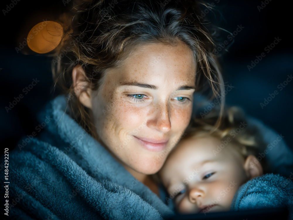 Poster a parent using a smart baby monitor app on their smartphone to check on their sleeping infant in a d