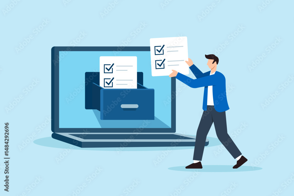Poster flat illustration of remote employee inserting checklist files into digital cabinet drawer for task 