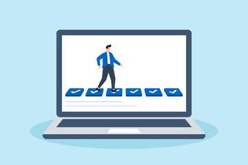 Flat illustration of freelancer stepping on checklist tiles in digital workspace to symbolize progress in online task management and productivity