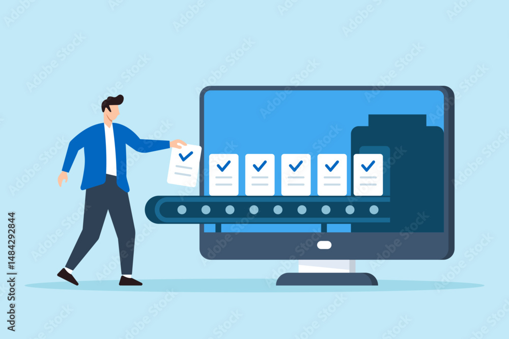 Poster flat illustration of remote worker filling checklist containers on digital conveyor belt to represen