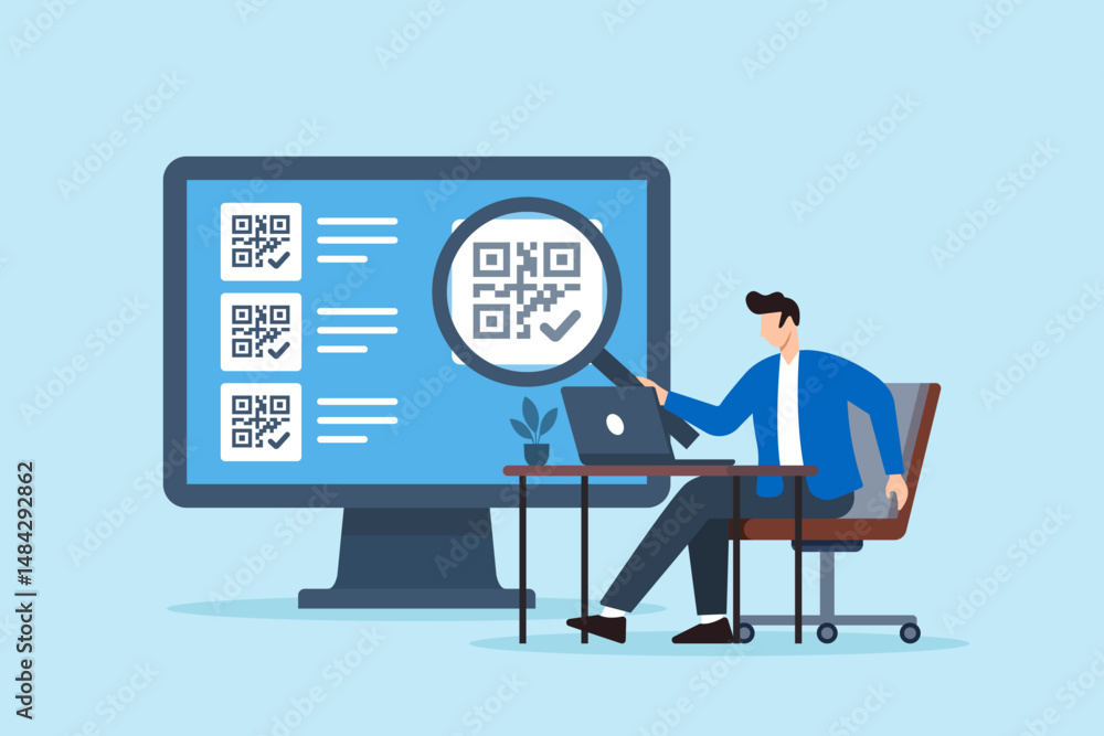 Poster flat illustration of remote worker scanning qr checklists with magnifying glass in digital workspace
