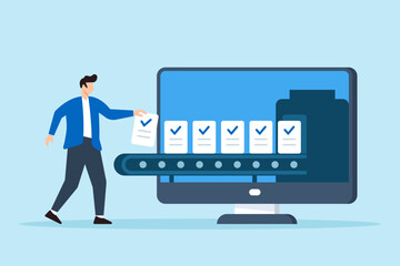 Flat illustration of remote worker filling checklist containers on digital conveyor belt to represent task batching and workflow automation