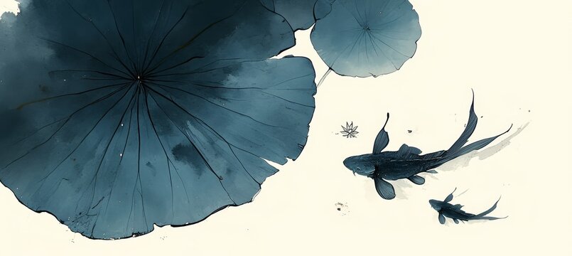 A lotus leaf with two small fish swimming in the water, in the style of Chinese ink painting on a white background., high quality, multi-detail, HD, 8K,