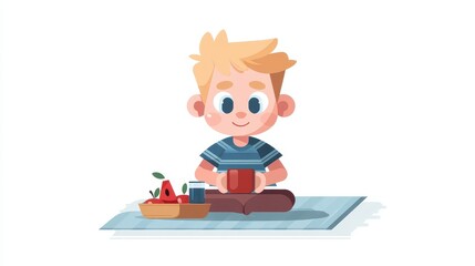 Fototapeta premium Boy Sitting with Fruits and Drink, Isolated Illustration