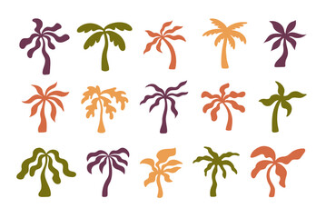 Set of abstract minimal vector naive palm trees. Tropical hand drawn illustrations