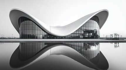 Modern building with sweeping curves reflecting in water. Black and white