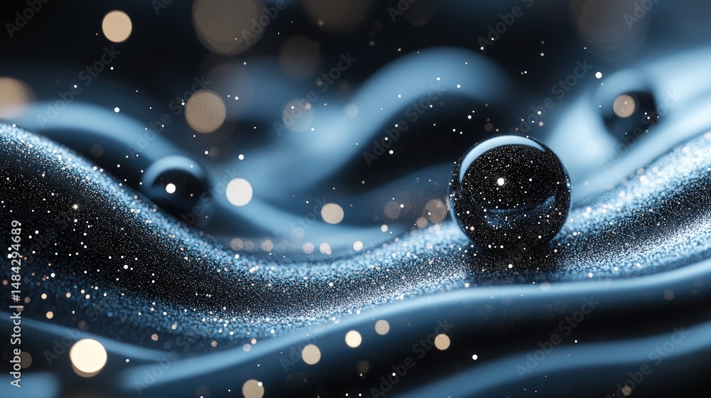 Poster sparkling black surface with shiny spheres and dreamy bokeh effect in abstract composition