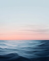 A minimalist and realistic vector illustration depicting an ocean at dusk, with the horizon blending into soft pastel hues of pink and blue, symbolizing calmness and tranquility in the midst of chaos,
