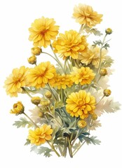 A vintage watercolor illustration of a bunch of yellow flowers, including the wild chrysanthemum and calendula, on a white background with clean lines and no text in the picture., high quality,
