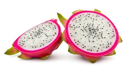 Vibrant dragon fruit halves showcasing refreshing white flesh and tiny seeds