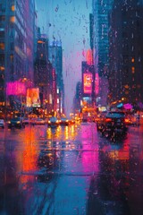 Obraz premium Vibrant Cityscape in Rainy Night with Reflections, Colorful Lights and Traffic in Urban Environment