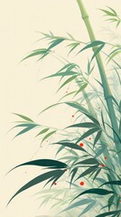 Chinese painting depicting green bamboo leaves with red dots on the grass, set against a light yellow background. The close-up view highlights the intricate lines and brushstrokes,
