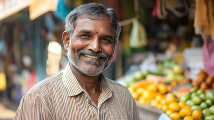 A smiling man with a beard standing in front of a market stall with fruits and vegetables.