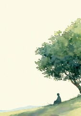 simple watercolor illustration of small figure sitting under tree, white background, muted colors, minimalistic style, high quality, multi-detail, HD, 8K,