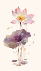 Watercolor, a simple illustration of two lotus flowers and leaves, one in a pink color and the other in a purple color, on a white background with muted colors and low details,