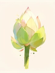 Watercolor, a simple illustration of a lotus bud on a white background, with a green and pink pastel color palette., high quality, multi-detail, HD, 8K,