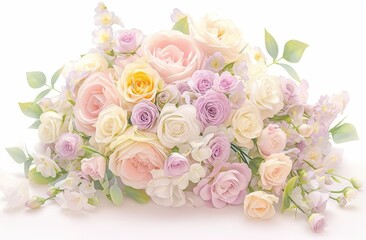 A beautiful bouquet of flowers in pastel colors, including roses and peonies, with green leaves on the side, isolated against a white background. Detailed, high-resolution, high-quality,