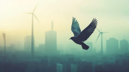 Obraz premium Bird soars over modern city skyline with wind turbines in soft focus