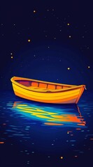 Blue background, yellow boat floating on the water, vector illustration, minimalist art style, high resolution, bright colors, glowing light effects, simple lines, blue and orange color scheme,