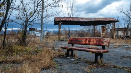 Obraz premium Abandoned rusty bench under weathered shelter